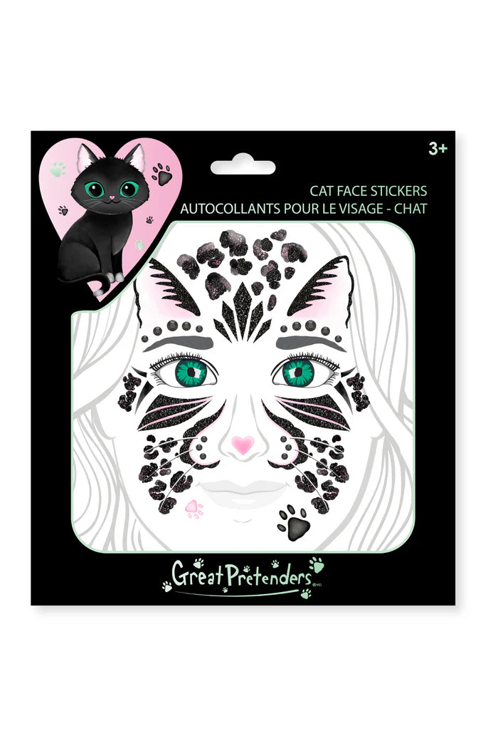 Pegatinas Gato Negro Brillantes - Stickers Facial con Purpurina y Gemas - Great Pretenders