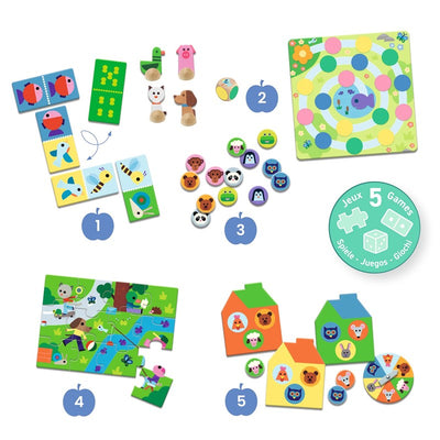 5 Juegos Educativos (Puzzle, memo, dominó...) "En la granja" - Djeco
