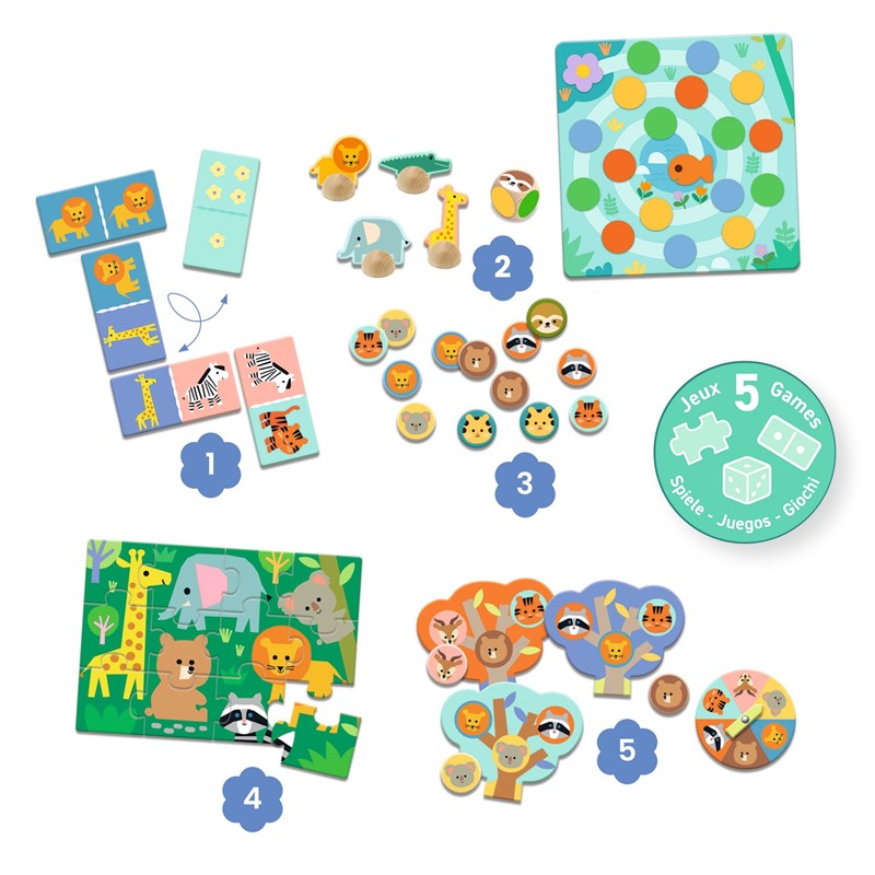 5 Juegos Educativos (Puzzle, memo, dominó...) "Animales salvajes" - Djeco