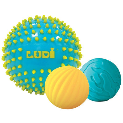 3 pelotas sensoriales bicolor turquesa y amarillo - Ludi